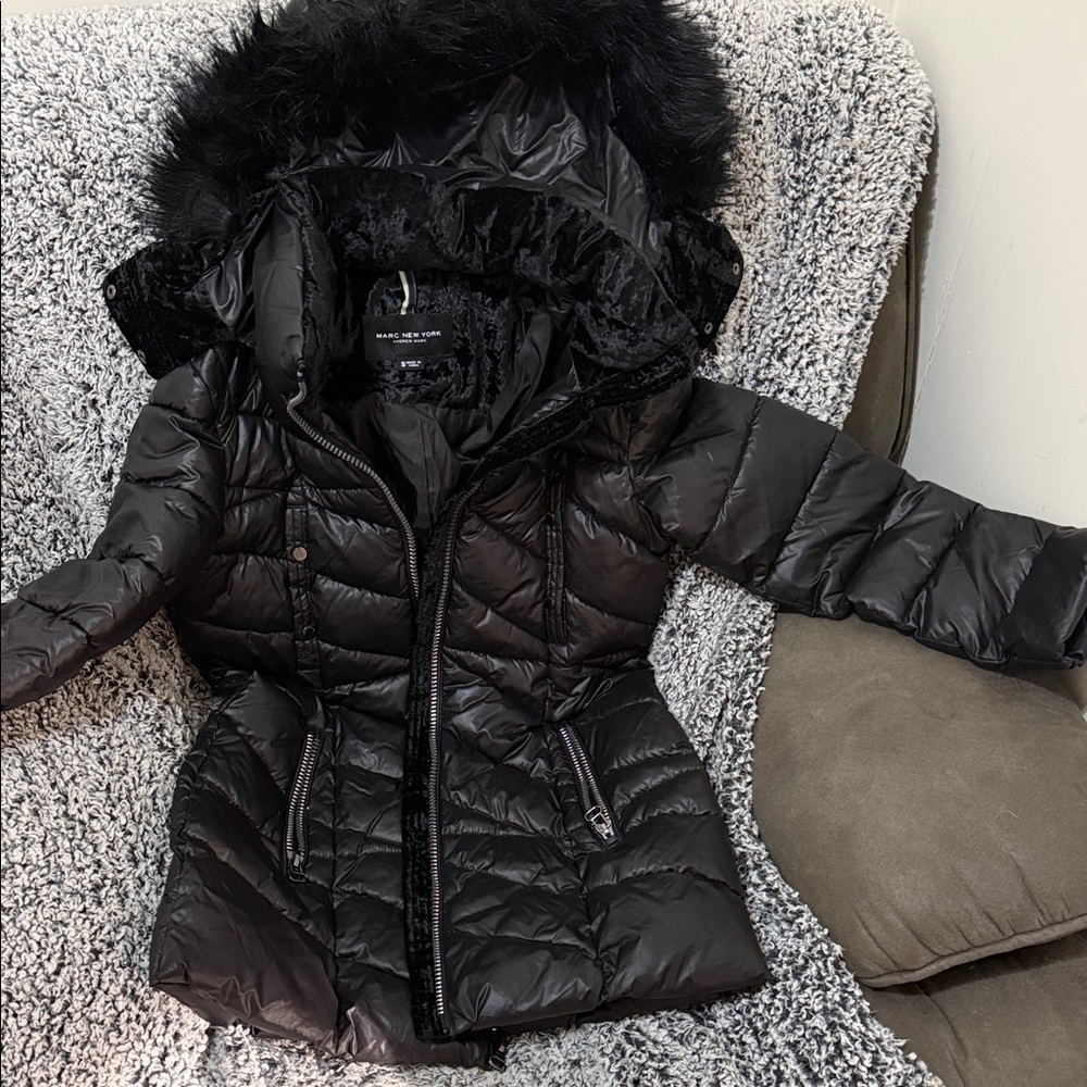 Marc Jacobs Black Puffer Jacket with Faux Fur Hood